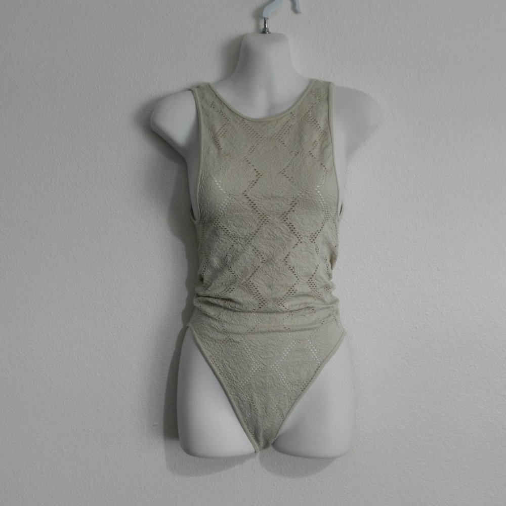 Zara ivory crochet, high neck, deep armhole, tank style, pull on style bodysuit